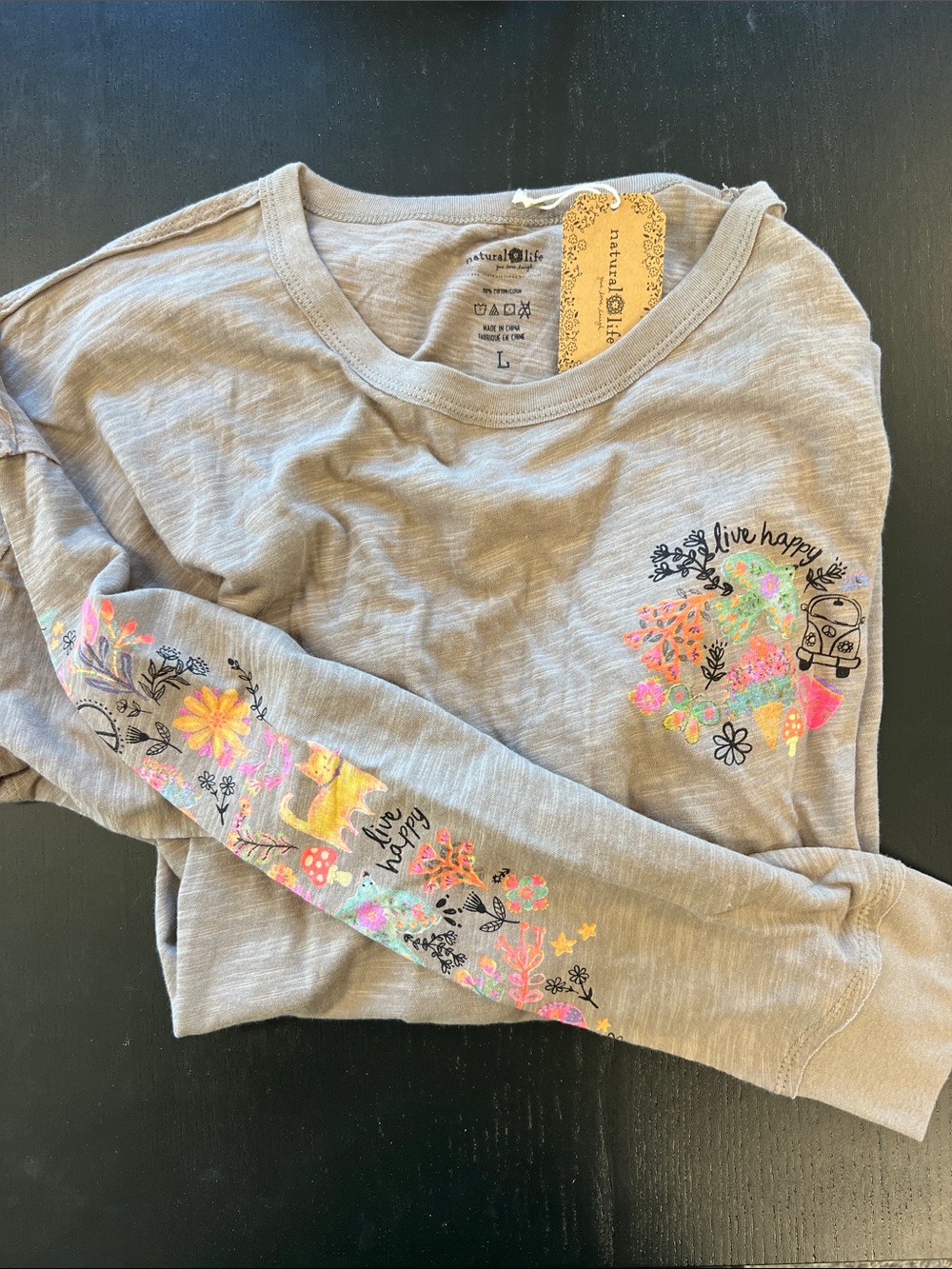 NATURAL LIFE Greige Long Sleeve Tee with Colorful Floral & 'Live Happy' Print